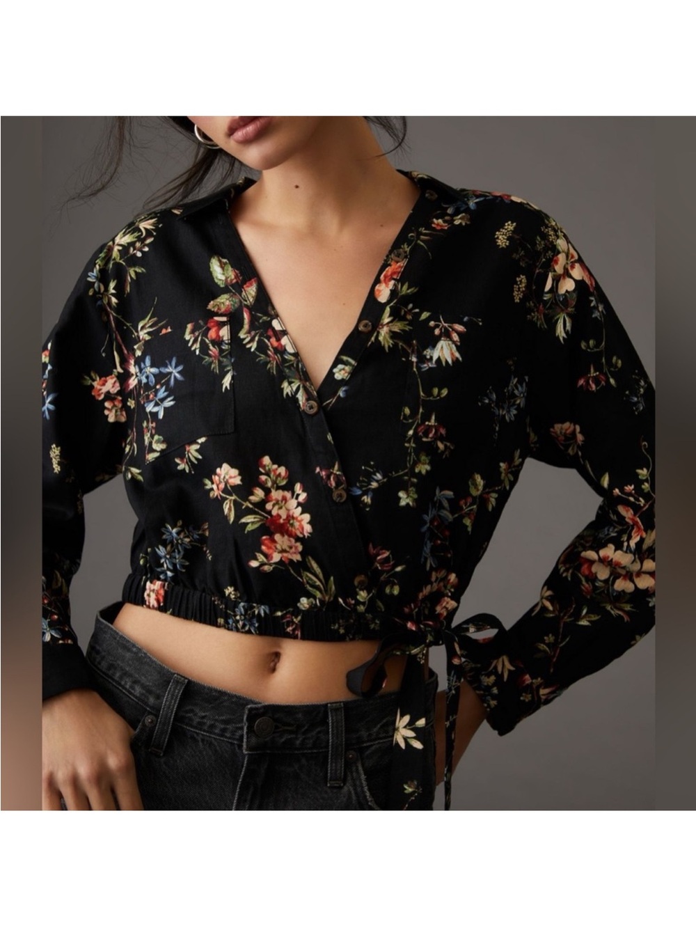 Anthropologie Pilcro Linen Blend Cropped Floral Wrap Blouse
